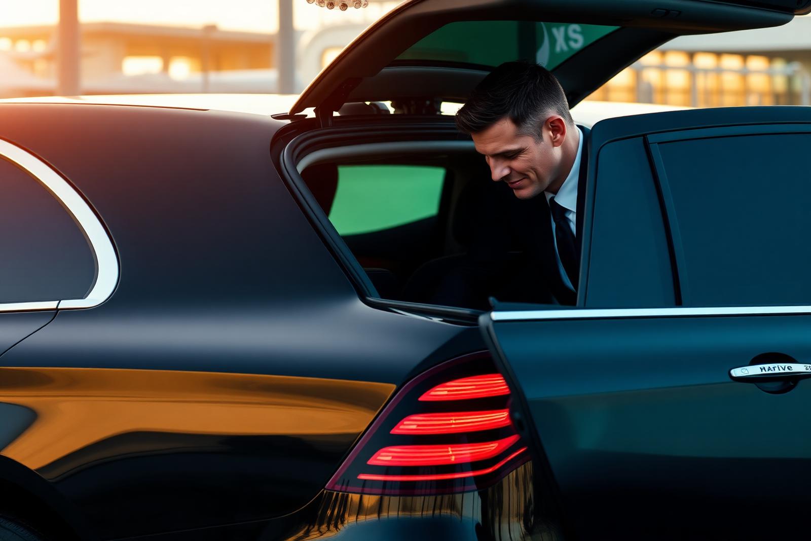 Professional chauffeur opening the rear door of a luxury sedan