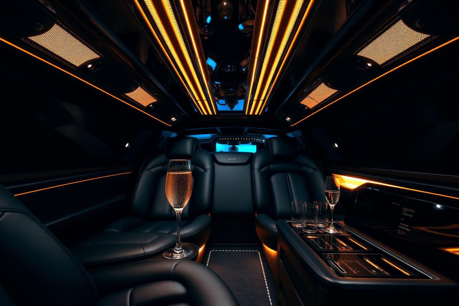 Luxury limousine interior with leather seats and ambient lighting